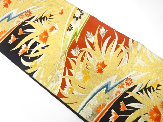 JAPANESE KIMONO / ANTIQUE FUKURO OBI / SILK / WOVEN FLORAL PLANTS